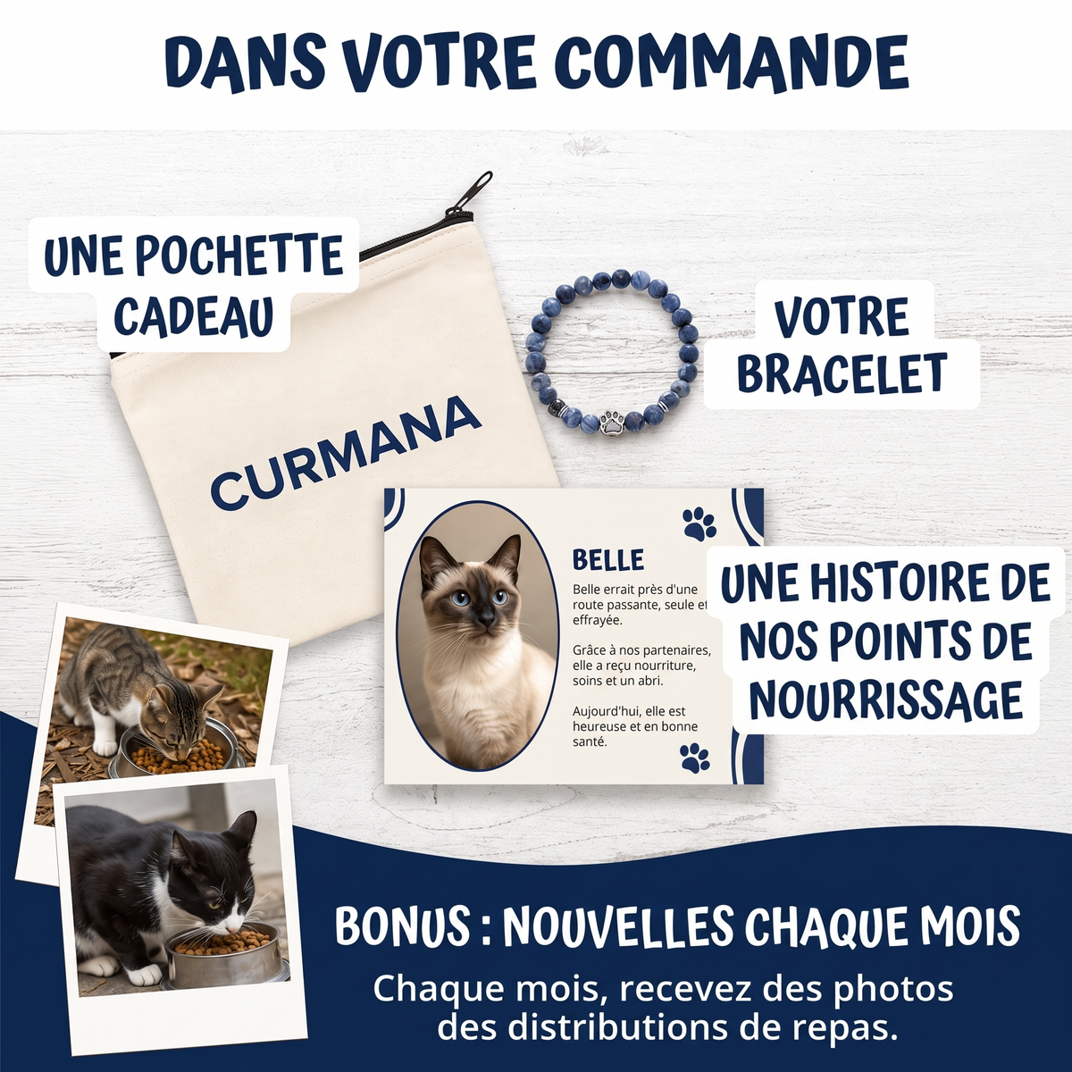Dans votre commande : pochette cadeau, bracelet, histoire de nos points de nourrissage
