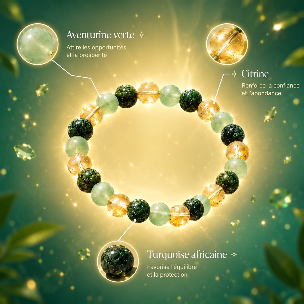 Les trois pierres du bracelet : aventurine verte, citrine et turquoise africaine